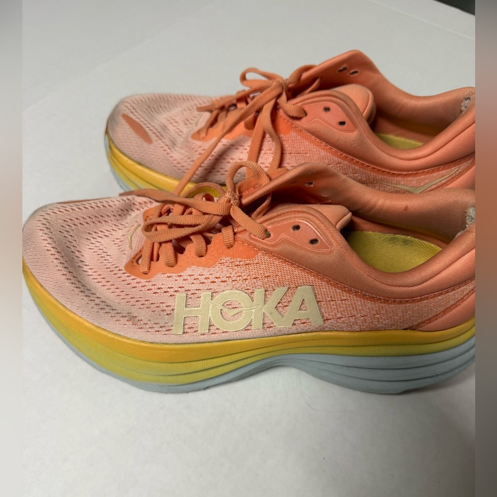 Hoka Women’s Bondi 8 Peach and Yellow Running Shoes